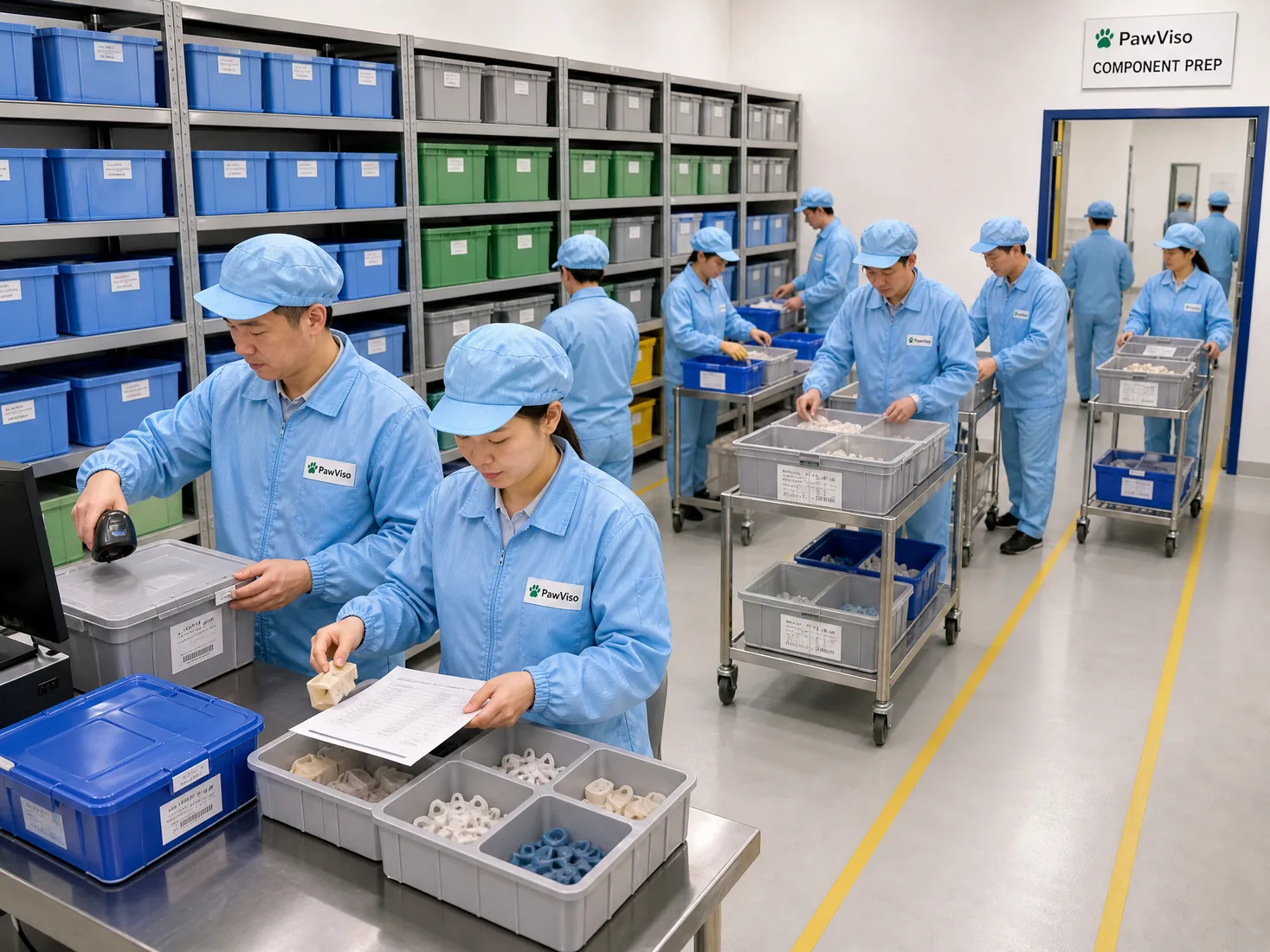 Representative PawViso component-kitting area with workers in matching light-blue dustproof uniforms