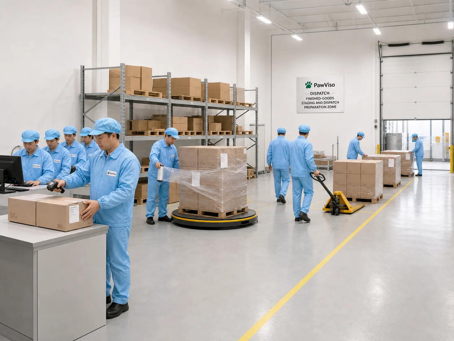 Representative PawViso finished-goods staging and dispatch zone with matching light-blue dustproof uniforms