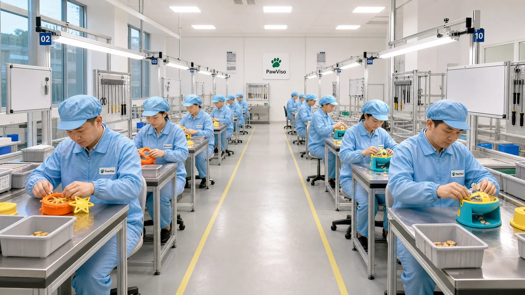 Representative orderly PawViso pet product production floor with workers in matching light-blue dustproof uniforms