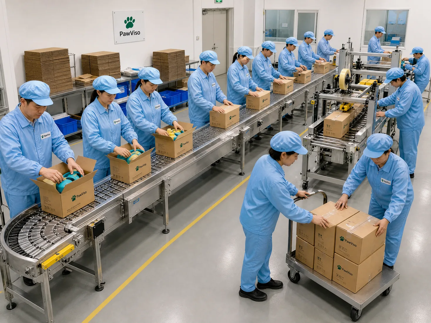 Representative PawViso retail packaging flow with products moving through fitted inserts and carton closing