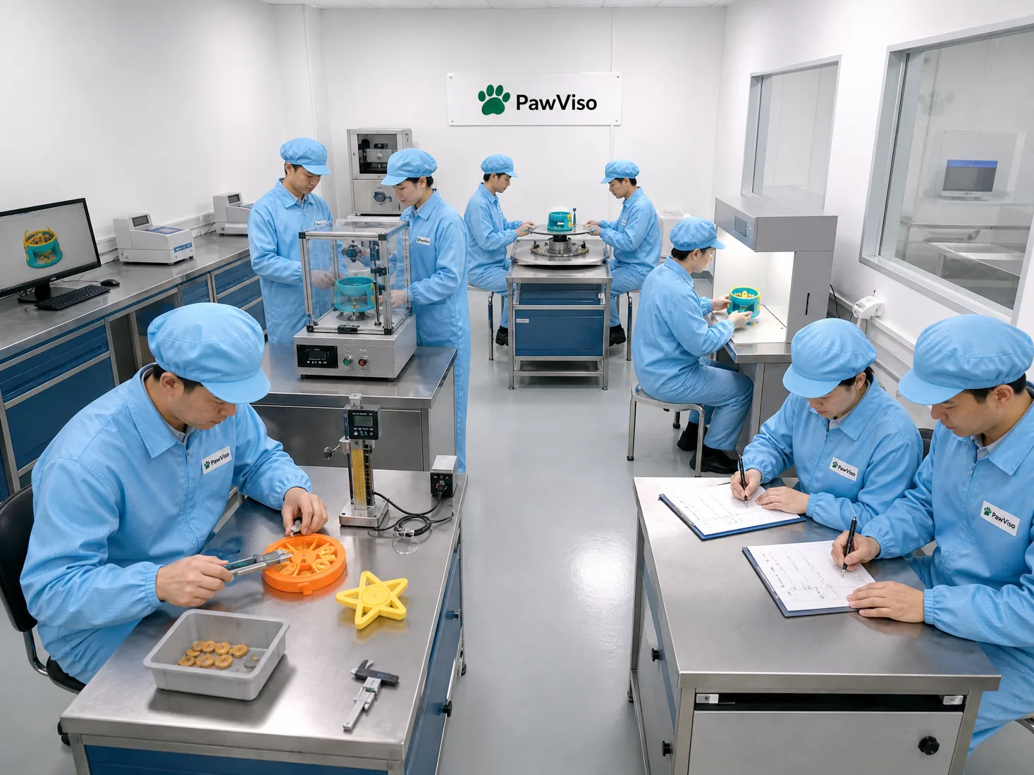 Representative PawViso quality-control room with technicians in matching light-blue dust-control uniforms