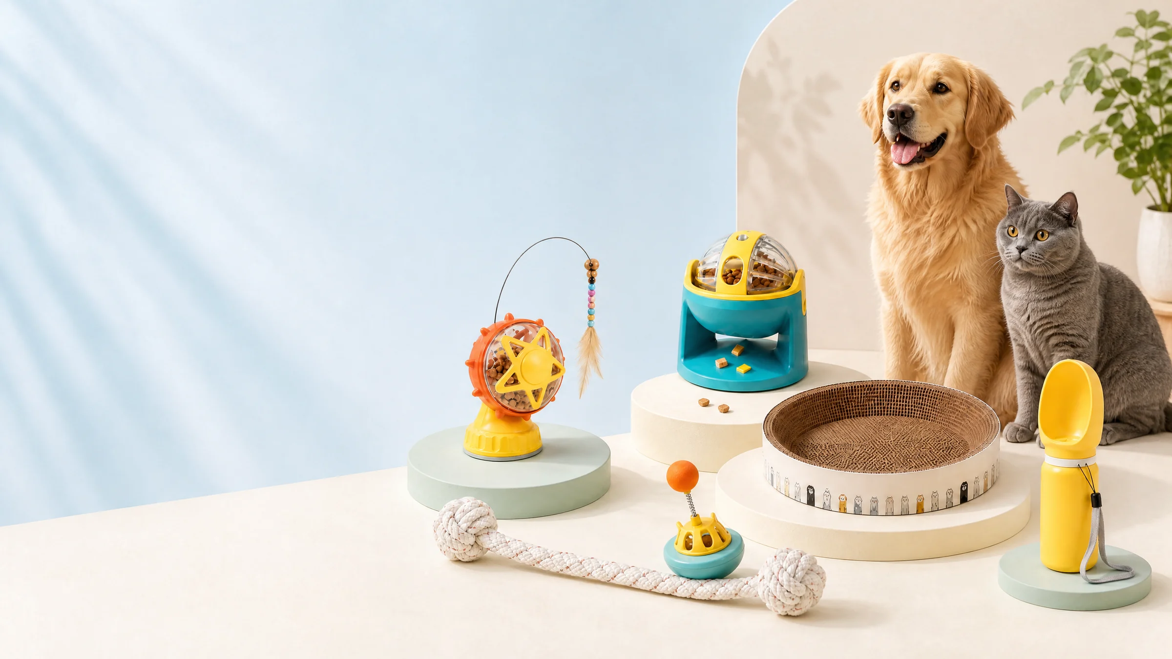 PawViso interactive pet products displayed with a golden retriever and a British Shorthair cat